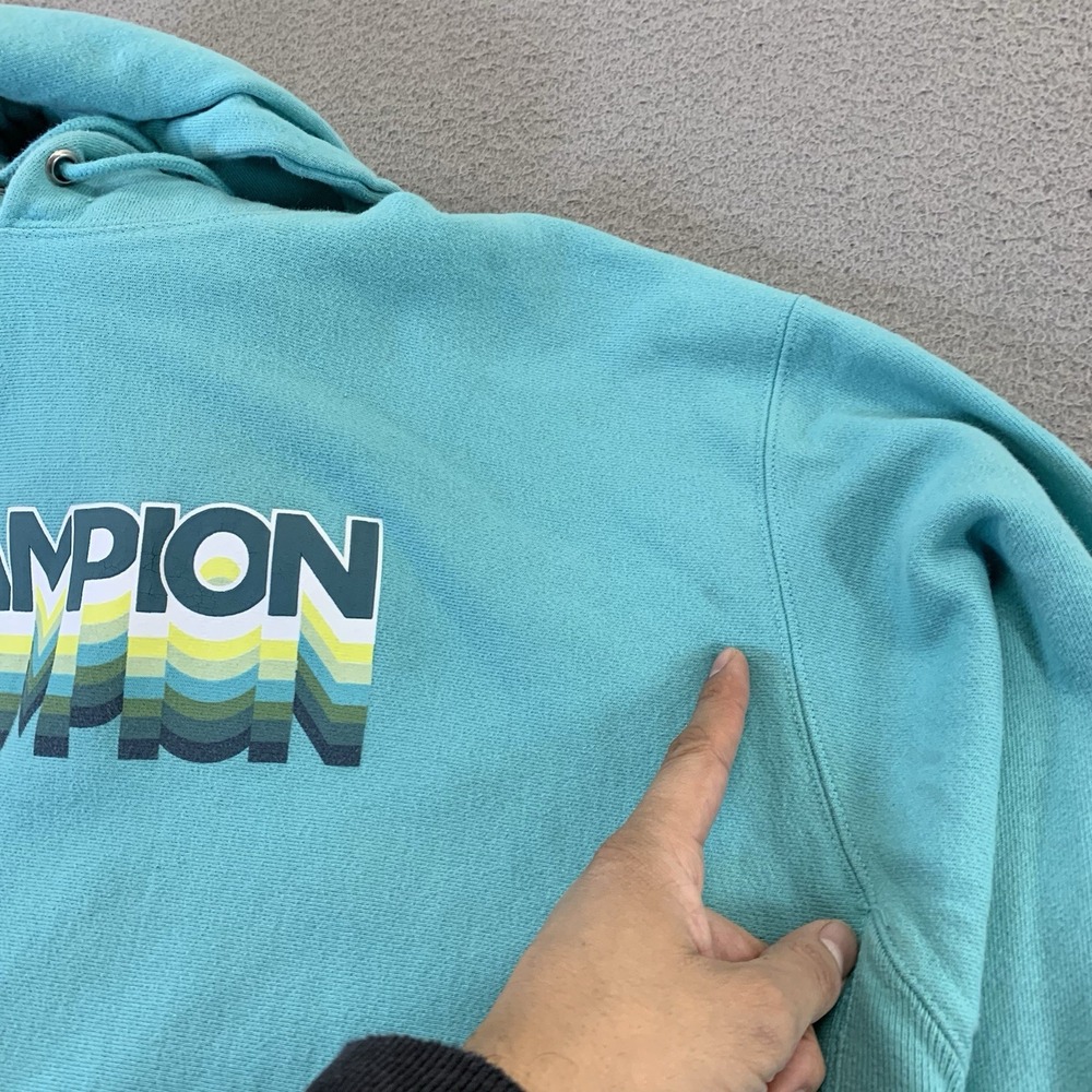 Champion Hoodie Mens XL Reverse‎ Weave Teal Multi-Logo Retro Hooded Sweatshirt - Picture 8 of 10